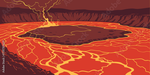 Explosive volcanic eruption spewing molten lava and glowing hot ash into a fiery crater with dramatic rocky cliffs creating a powerful display of nature's raw energy
