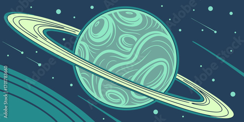 Mysterious teal planet with swirling atmosphere and glowing rings orbits through a dark cosmic expanse dotted with distant stars and shooting meteors, evoking wonder and exploration.