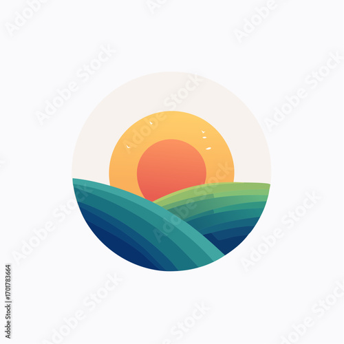 Abstract illustration of a stylized landscape featuring rolling hills and a vibrant sunrise