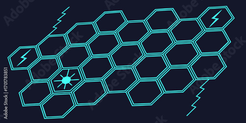 Dynamic hexagonal network pattern with electric bolt symbols and a central sunburst element symbolizing innovation, energy, and connection, perfect for technology and science themes