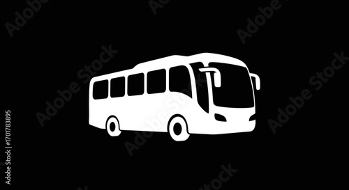 White bus silhouette on black background representing public transport and travel.