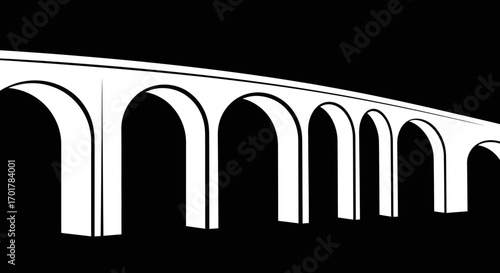 Black and white graphic illustration of a long arched viaduct.