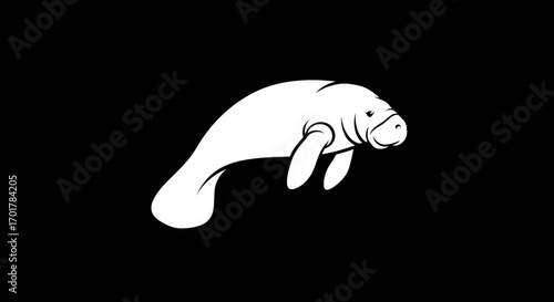 Minimalist white manatee graphic isolated on a black background.