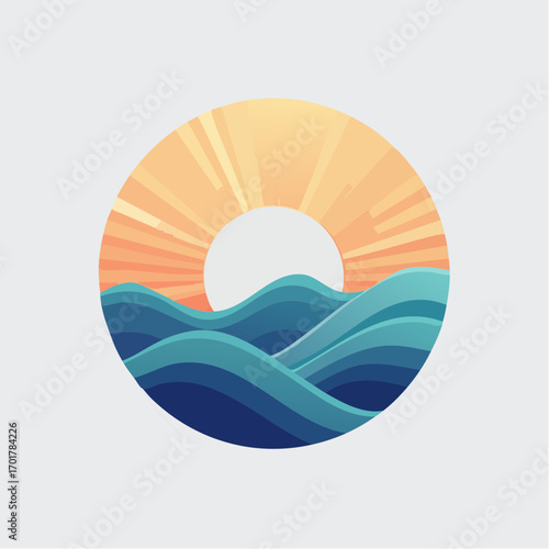Abstract Oceanic Sunrise: A Vibrant Circular Composition Depicting Waves and Sunlight