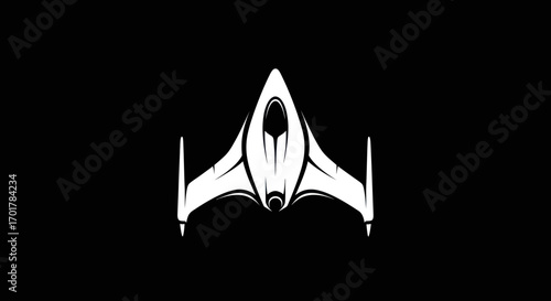 Futuristic alien spaceship design illustration white on black.