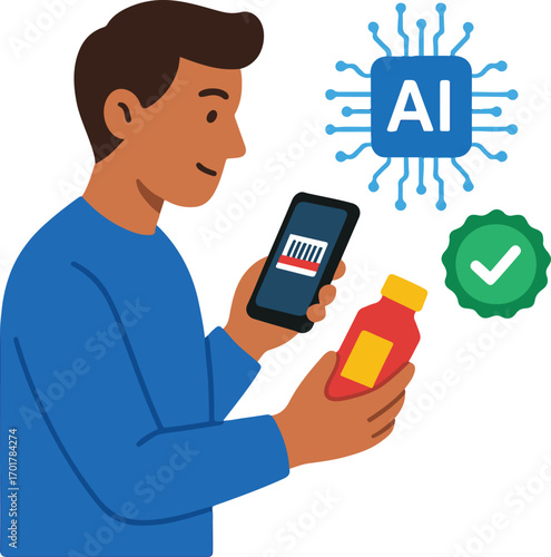 Person using AI to identify counterfeit brands by scanning label chips Illustration