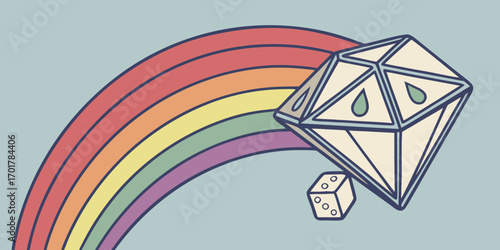 Vibrant rainbow arc curves over a polished diamond and a single die, symbolizing luck, fortune, and precious opportunities in a whimsical, modern design.