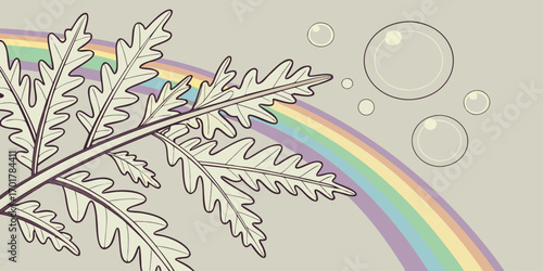 Whimsical oak leaves unfurl near a pastel rainbow arc with floating bubbles, evoking a feeling of gentle wonder and natural magic for creative projects.