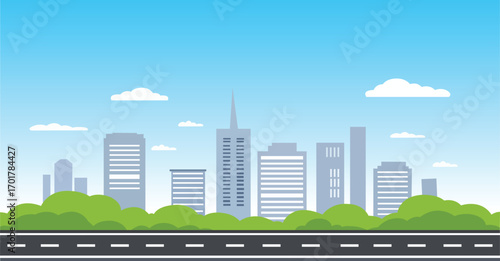 Cityscape and company buildings with road. Modern urban skyline vector illustration