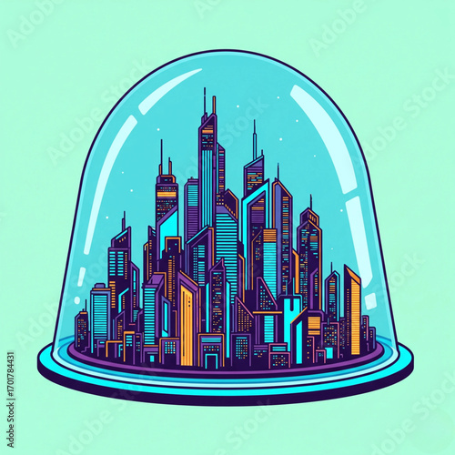 Vibrant urban future a dazzling city skyline with advanced architecture, safely enclosed within a transparent protective dome, envisioning a contained metropolis
