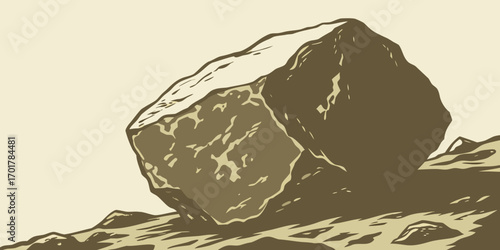 Massive boulder precariously balanced on rugged terrain, evoking themes of challenge, stability, and natural power, perfect for symbolizing obstacles and strength.