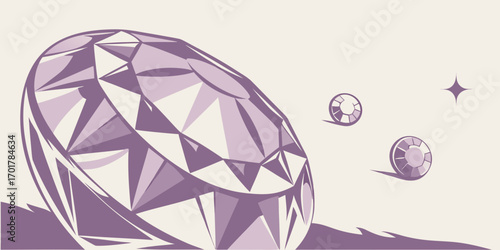Stunning large purple diamond sparkling majestically with smaller gems and a starburst, symbolizing luxury, value, and precious wealth.