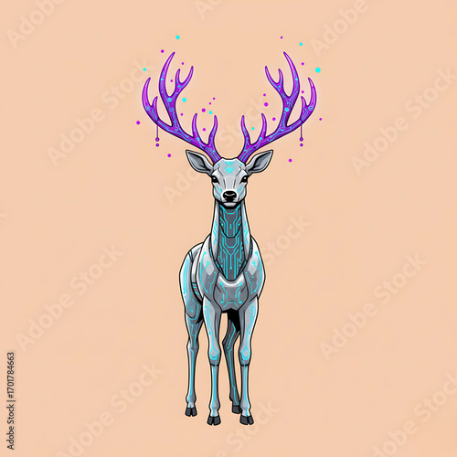 Whimsical Deer with Neon Antlers and Sparkling Details on a Soft Peach Background