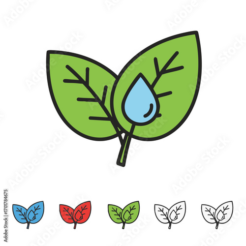 A vibrant illustration depicting two fresh green leaves with a glistening blue water droplet, symbolizing nature's purity, growth, and environmental sustainability.