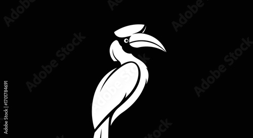 Minimalist white hornbill bird silhouette on black background.