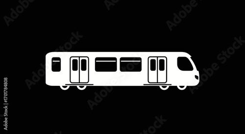 White silhouette of a modern subway train on a black background.