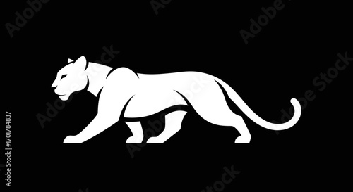 Elegant white panther silhouette prowling across a stark black background.