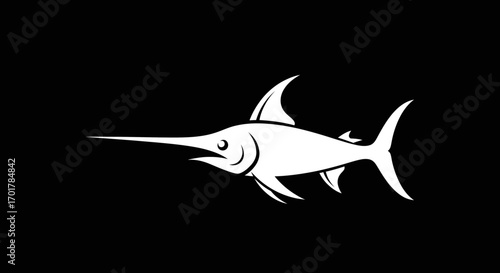 Elegant white swordfish silhouette against a stark black backdrop.