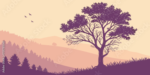 Serene twilight landscape illustration with misty hills, silhouetted trees and birds soaring, evoking peaceful feelings and natural beauty, ideal for nature themes and calm backgrounds