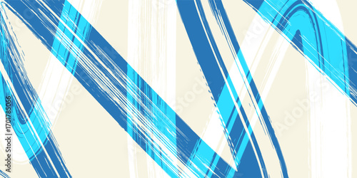 Grunge grainy blue brush stroke with spray texture. Hand drawn distress damaged vintage banner with zigzag bold line. Rough thick brush stroke texture. Spray paint effect vector background.