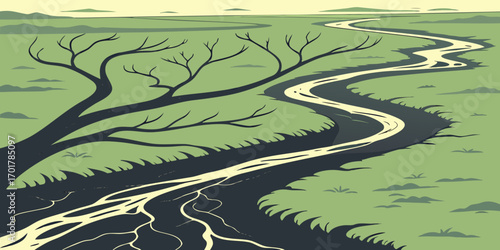 Serene river meanders through a lush green valley, its tranquil waters reflecting the sky, creating a calming landscape that evokes peace and connection with nature