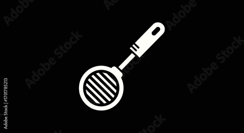 White Skimmer Kitchen Utensil Icon on Black Background.