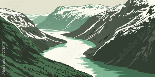 Breathtaking mountain river landscape with snow-capped peaks, perfect for nature lovers, adventure seekers, and travel enthusiasts seeking serenity and majestic views for scenic designs