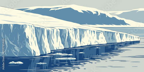 Breathtaking arctic landscape with majestic glaciers meeting icy waters, a stunning illustration of remote wilderness and the effects of climate change, a visual journey to the poles