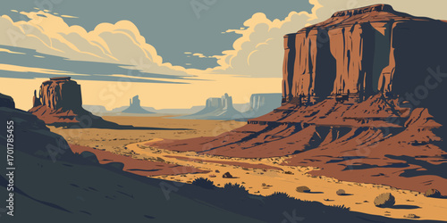 Explore the Timeless Beauty of Monument Valley with this Stylish Vector Graphic, Perfect for Travel Blogs, Western-themed Designs, and Evoking a Sense of Adventure