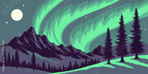 Enchanting aurora borealis display over majestic mountains and serene forest, capturing the magic of the northern lights in a tranquil scene, perfect for travel inspiration