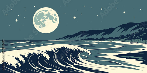 Serene moonlit night scene featuring ocean waves crashing on the shore, capturing a dreamy and peaceful coastal landscape with a retro illustration style, great for calming visuals