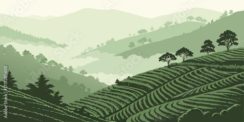 Serene hillside tea plantation landscape with lush terraces and majestic mountains, a peaceful nature scene perfect for travel blogs and eco-tourism promotions