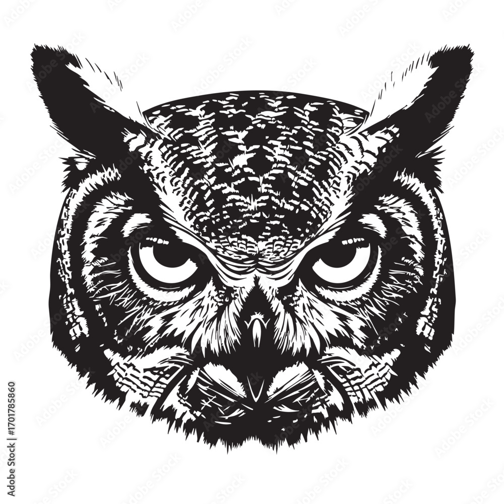 Obraz premium Silhouette of an owl head, showcasing its piercing eyes and feathered features, a symbol of wisdom and mystery, often associated with nocturnal habits and folklore