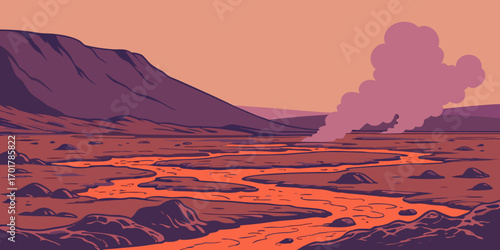 Stunning sunset over a fiery river winding through a rugged, otherworldly landscape, a vector-style graphic perfect for fantasy illustration or science fiction design projects