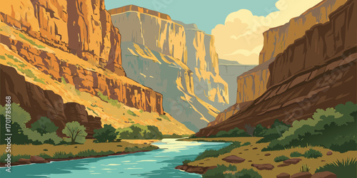 Breathtaking canyon landscape art illustration with river, majestic cliffs, and scenic beauty, ideal for travel posters, outdoor adventure themes, and nature-inspired designs