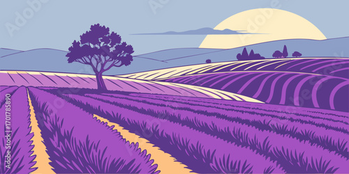 Dreamy lavender fields meet a soft sunrise in this calming, vector-style landscape, perfect for promoting relaxation retreats or natural beauty products