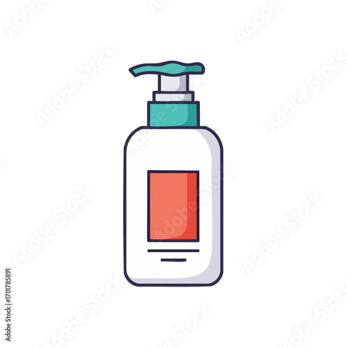 A clean, minimalist vector illustration of a pump dispenser bottle, featuring a white body, teal top, and red label, ideal for modern graphic design projects.