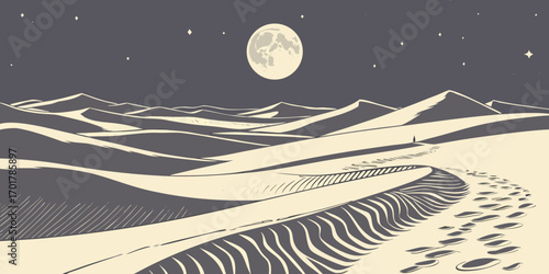 Mystical desert landscape under the full moon, a serene night scene with rolling sand dunes and a trail of footprints under a starry sky, evoking peace and adventure