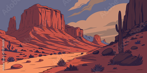 Explore the stunning desert landscape with towering red rock formations, cacti, and a serene, artistic vector style perfect for travel, adventure, or western themes