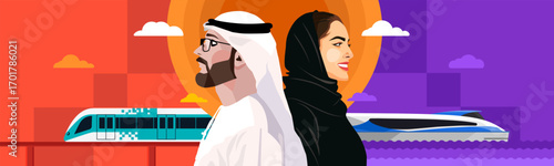 Dubai Metro and Water Taxi Concept Vector Illustration, Emirati Men and Women.