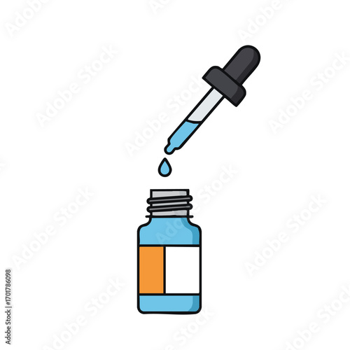 A vibrant cartoon illustration shows a scientific dropper precisely dispensing a blue liquid drop into an open bottle, symbolizing careful measurement.