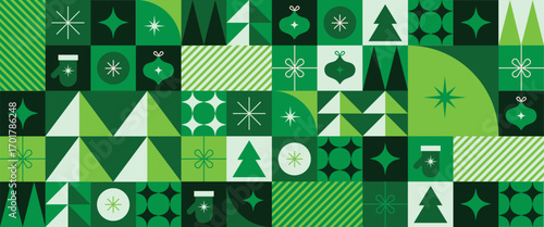 Modern geometric Christmas seamless pattern with trees, stars, mittens, and ornaments in green tones