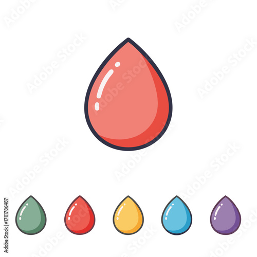 This illustration showcases a set of brightly colored cartoon water drops, each with a glossy highlight, symbolizing purity, liquid, or various fluid elements.