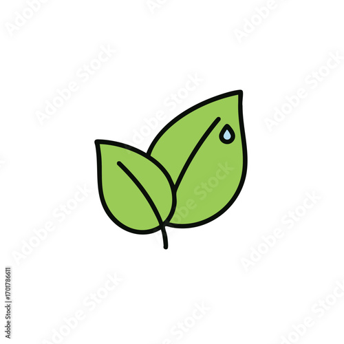 A vibrant illustration featuring two fresh green leaves with a glistening water droplet, symbolizing nature's purity and environmental sustainability.
