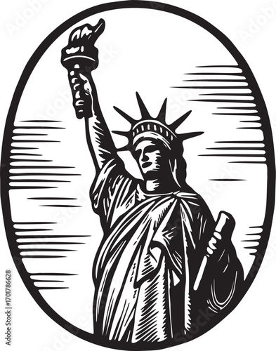 Linocut etching of Statue of Liberty New York USA iconic monument black and white vector illustration