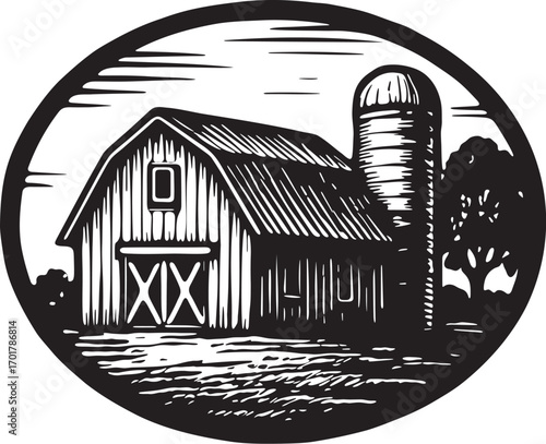 Linocut etching of barn with silo in Midwest USA farmland architecture black and white vector illustration