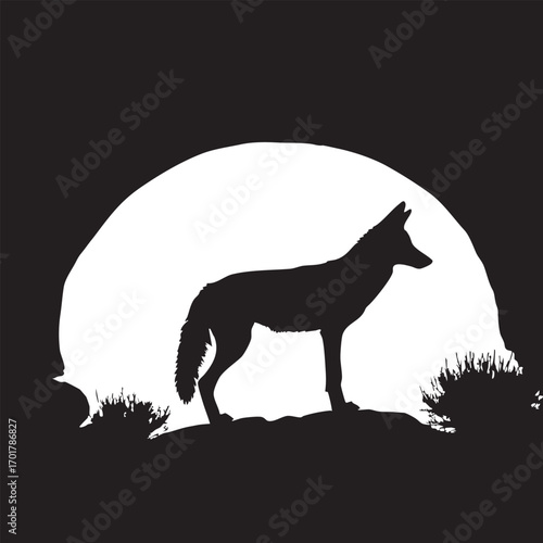 A captivating black and white illustration of a coyote standing against a full moon, set amidst sparse vegetation, evoking a sense of wilderness and nocturnal mystery