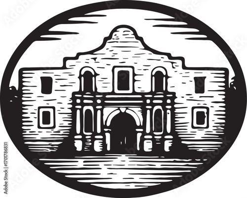 Linocut etching of The Alamo San Antonio Texas USA historic mission landmark black and white vector illustration