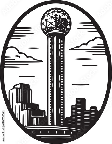 Linocut etching of Reunion Tower Dallas Texas USA skyline landmark black and white vector illustration