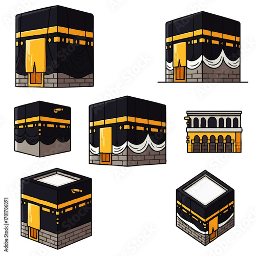 A collection of cartoon-style Kaaba illustrations from various isometric and frontal perspectives, featuring black Kiswah cloth and gold embroidery.